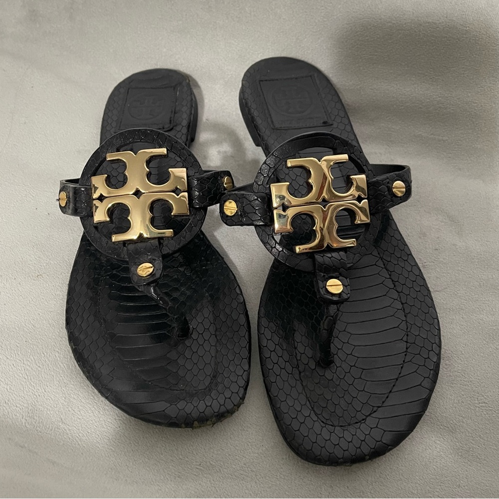 Tory Burch Miller Sandal Black Snakeskin Gold Emblem 7